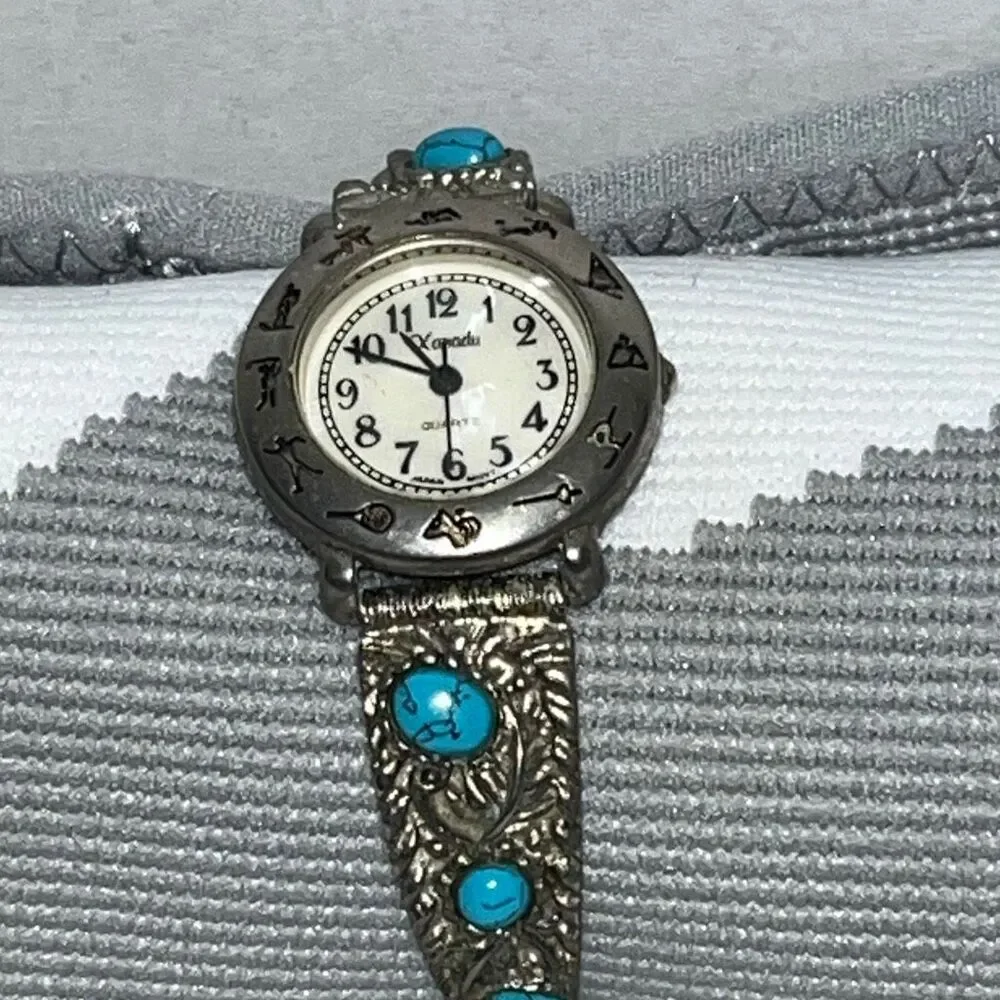 Vintage Xanadu Women's Silver Blue Faux Turquoise‎ Elastic Band Quartz Southwest